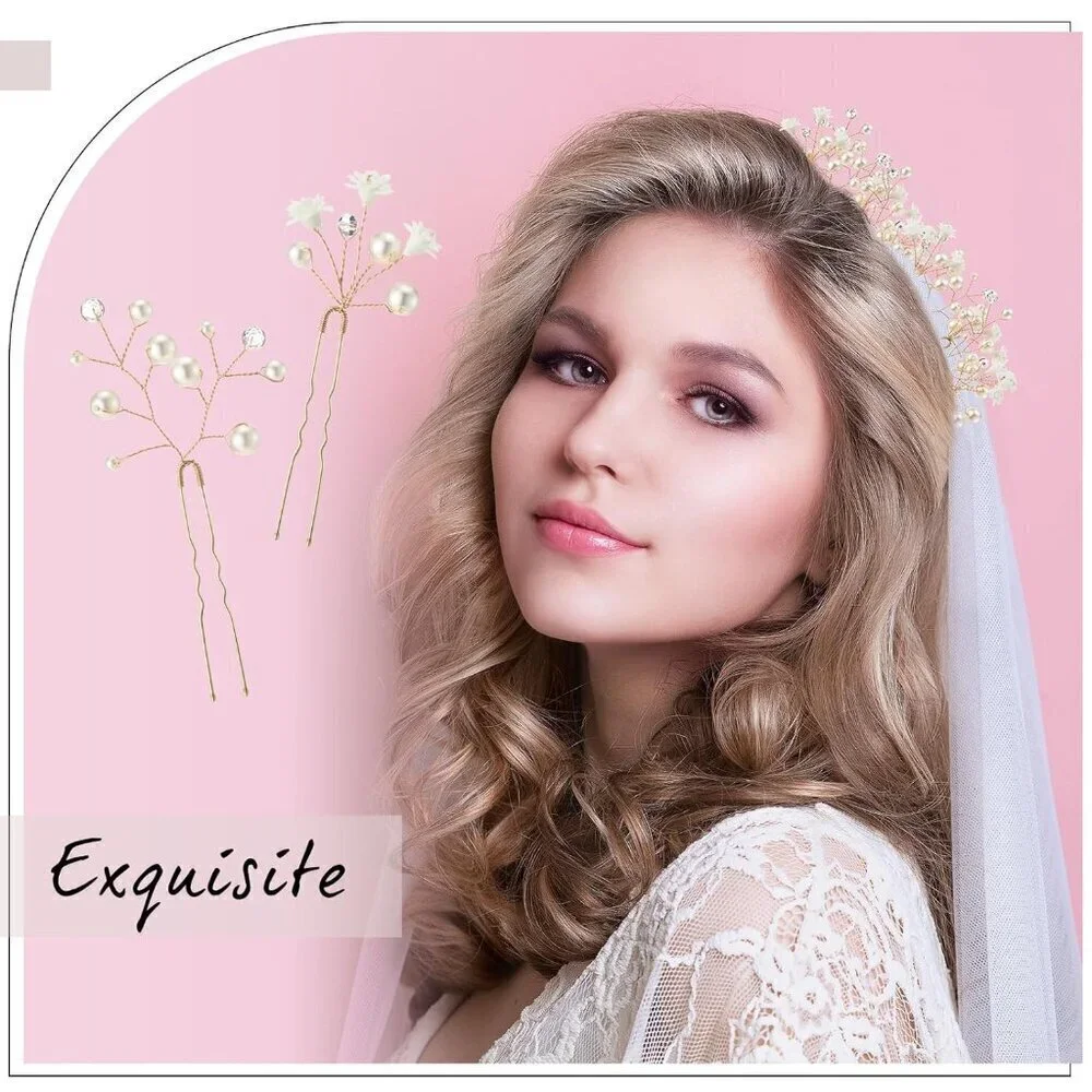 14 Pcs Baby's Breath Hair Pins Boho Bridal Pearl Flower Wedding Hair Accessories